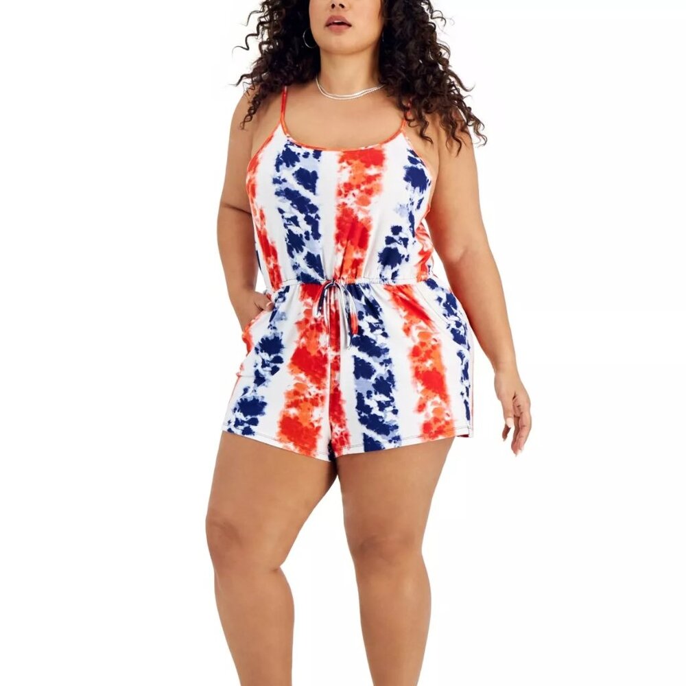Full Circle Trends Trendy Plus Size Tie-Dye-Print Romper Red Size 2X B4HP